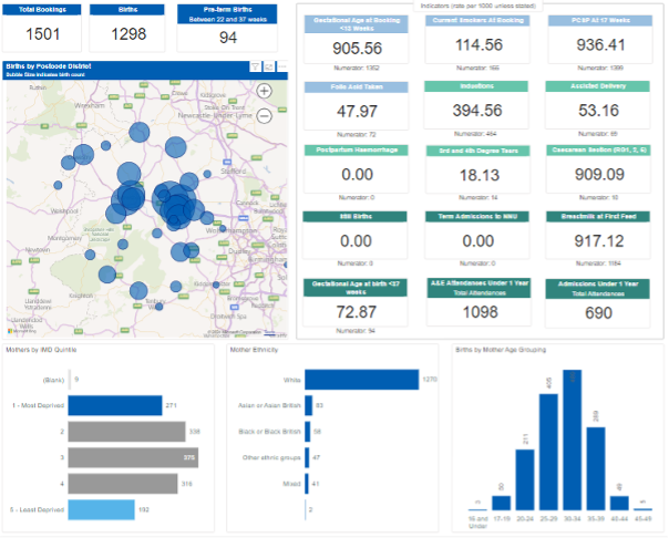 This image displays a summary of statistics. The map displays births by postcode district with summary information of the key metrics e.g. total bookings, gestational age, smokers etc.