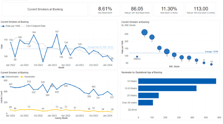 Detailed view of each Individual metric with interactive visuals to further filter data
This example displays the current smokers at booking.